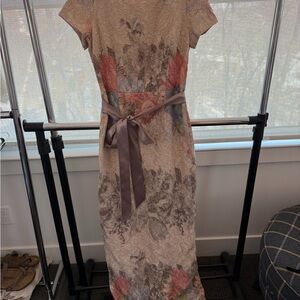 Adrianna Papell Floral Lace Midi Dress with Ribbon